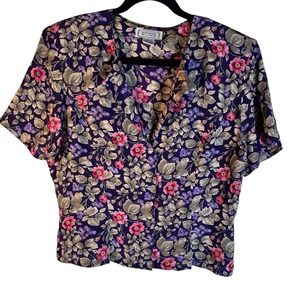 90's Jennifer Moore‎ Vintage Purple 100% Silk Floral Blouse Size 10 Cottage